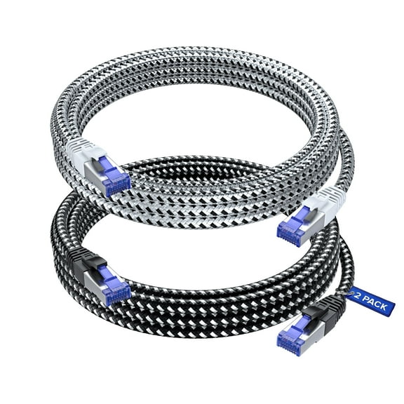 Cat7 Ethernet Cable 10ft, 2-Pack (Black & White) - Braided High-Speed Network LAN Cables for Gaming, Streaming, Router, Modem, PC, PS5, Xbox - Durable & Tangle-Free Design, 2-Pack