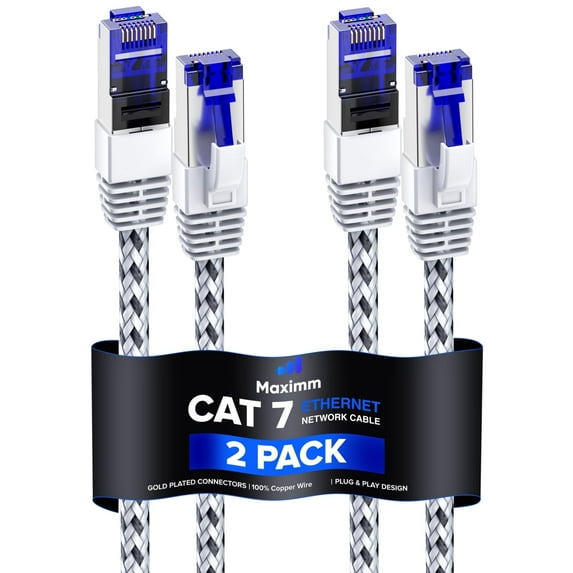 Cat7 Ethernet Cable 10ft, 2-Pack (White) - Braided High-Speed Network LAN Cables for Gaming, Streaming, Router, Modem, PC, PS5, Xbox - Durable & Tangle-Free Design, 2-Pack