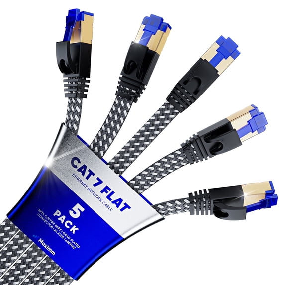 Ethernet Cable Cat 7, 12 ft, 5 Pack,Easy-Hide Flat Super-Durable Black Braided Network LAN Internet Cable/Cord, Ethernet Patch Cable