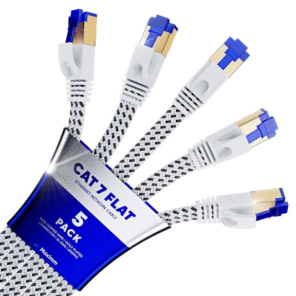 Ethernet Cable Cat 7, 12 ft, 5 Pack,Easy-Hide Flat Super-Durable White Braided Network LAN Internet Cable/Cord, Ethernet Patch Cable