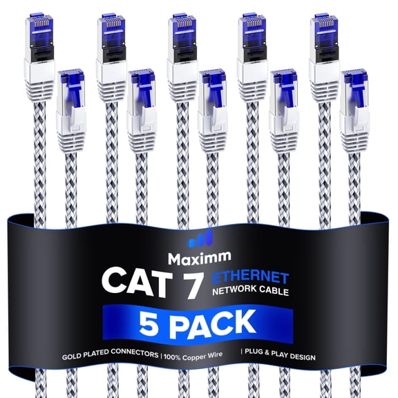 Cat7 Ethernet Cable 12ft, 5-Pack (White) - Braided High-Speed Network LAN Cables for Gaming, Streaming, Router, Modem, PC, PS5, Xbox - Durable & Tangle-Free Design, 5-Pack