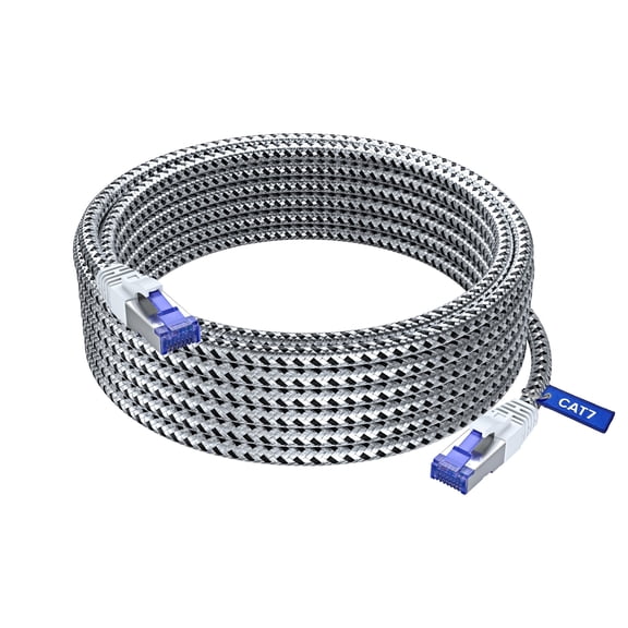 Cat7 Ethernet Cable 25ft (White) - Braided High-Speed Network LAN Cables for Gaming, Streaming, Router, Modem, PC, PS5, Xbox - Durable & Tangle-Free Design