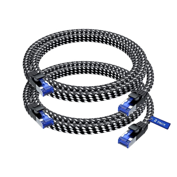 Ethernet Cable Cat 7, 6 ft, 2 Pack,Easy-Hide Flat Super-Durable Black Braided Network LAN Internet Cable/Cord, Ethernet Patch Cable