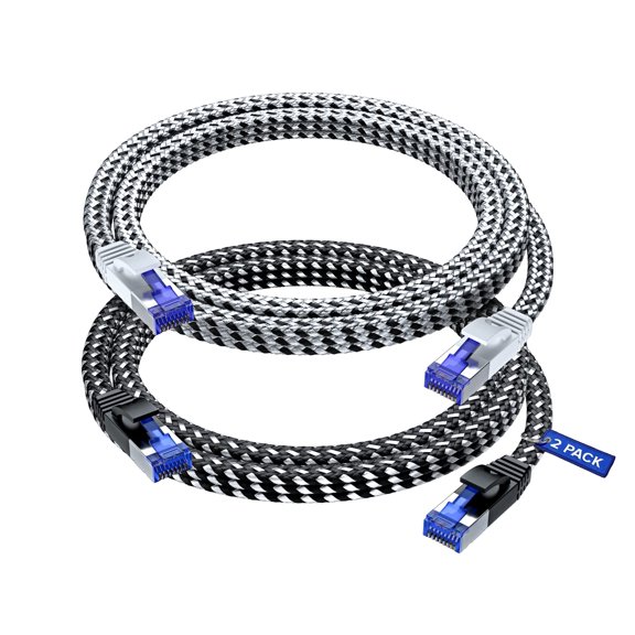 Ethernet Cable Cat 7, 6 ft, 2 Pack,Easy-Hide Flat Super-Durable Black and White Braided Network LAN Internet Cable/Cord, Ethernet Patch Cable