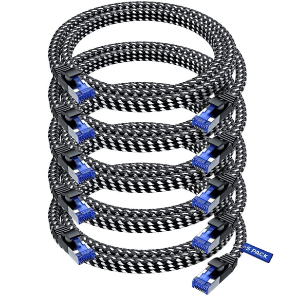 Maximm 6ft Cat7 Flat Ethernet Cable, High-Speed Braided Internet Patch Cord (Black, 5-Pack)