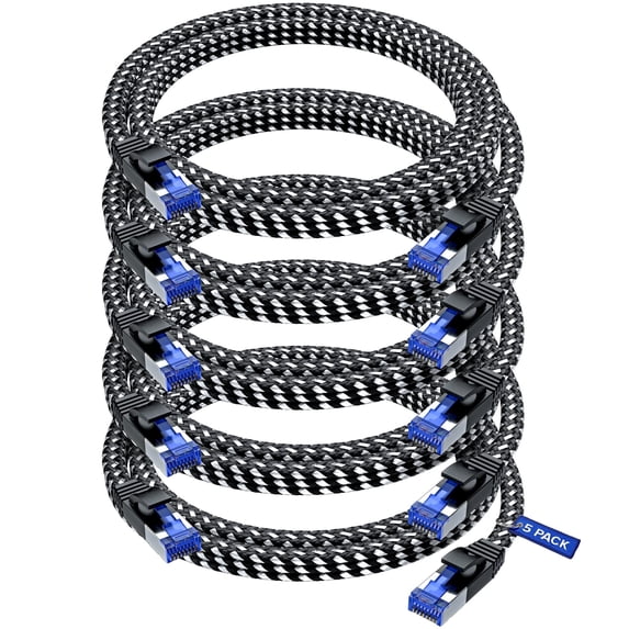 Ethernet Cable Cat 7, 6 ft, 5 Pack,Easy-Hide Flat Super-Durable Black Braided Network LAN Internet Cable/Cord, Ethernet Patch Cable