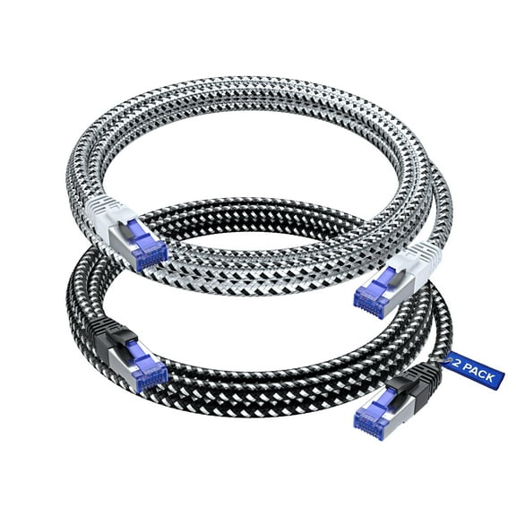 Cat7 Ethernet Cable 6ft, 2-Pack (Black & White) - Braided High-Speed Network LAN Cables for Gaming, Streaming, Router, Modem, PC, PS5, Xbox - Durable & Tangle-Free Design, 2-Pack
