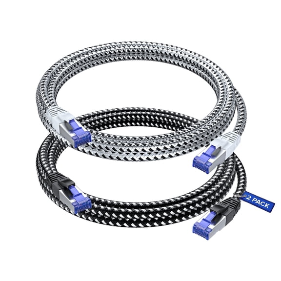 Cat7 Ethernet Cable 6ft, 2-Pack (Black & White) - Braided High-Speed Network LAN Cables for Gaming, Streaming, Router, Modem, PC, PS5, Xbox - Durable & Tangle-Free Design, 2-Pack