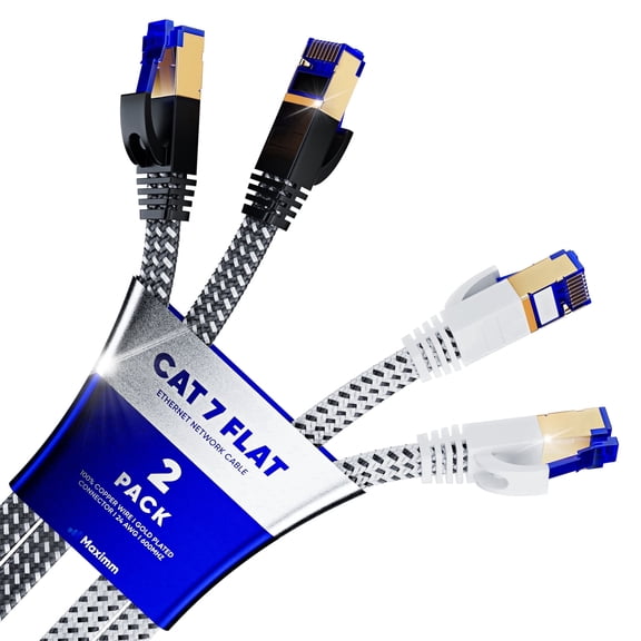 Ethernet Cable Cat 7, 8 ft, 2 Pack,Easy-Hide Flat Super-Durable Black and White Braided Network LAN Internet Cable/Cord, Ethernet Patch Cable