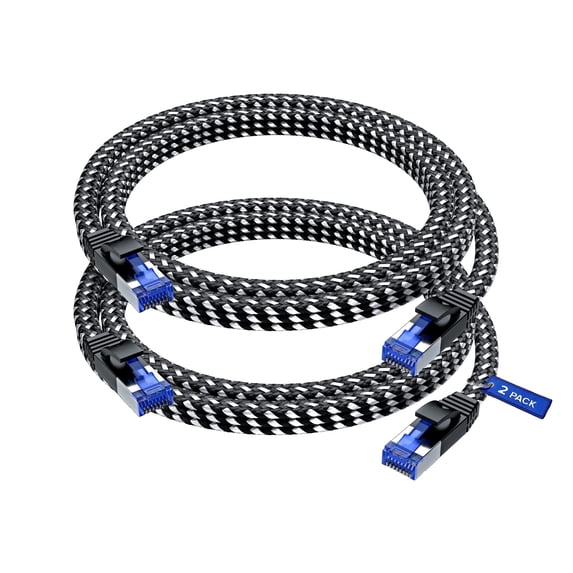 Ethernet Cable Cat 7, 8 ft, 2 Pack,Easy-Hide Flat Super-Durable Black Braided Network LAN Internet Cable/Cord, Ethernet Patch Cable