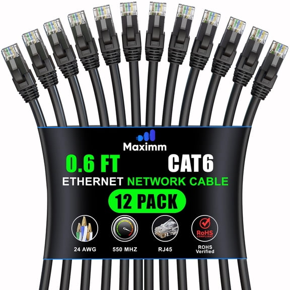 Maximm Cat 6 Ethernet Cable 0.6 ft (7 Inches, 12-Pack) - Ultra High-Speed LAN, Internet, Patch & Network Cable, 10Gbps, 550MHz UTP Ethernet Cord - Black