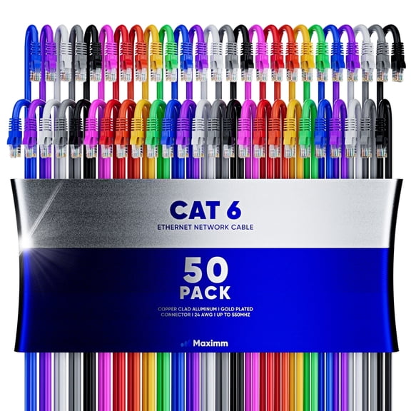 Maximm Cat6 Ethernet Cable 50-Pack 0.6 ft – CCA LAN Network Patch Cords, RJ45, Multicolor