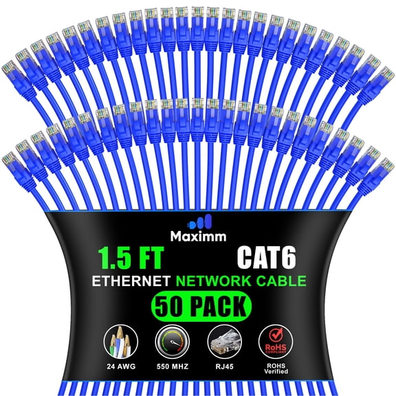 Maximm Cat 6 Ethernet Cable - 1.5 ft (50-Pack) - High-Speed LAN, Internet, Patch, and Network Cable - UTP, 10Gbps, 550MHz Ethernet Cord - Blue