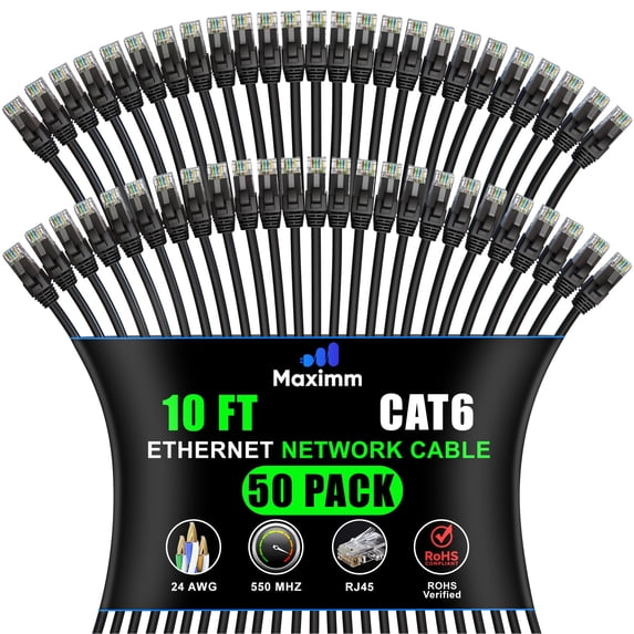 Maximm Cat 6 Ethernet Cable 10 Ft, (50-Pack) Cat6 Cable, LAN Cable, Internet Cable, Patch Cable and Network Cable - UTP (Black) 10 Feet ethernet Cord