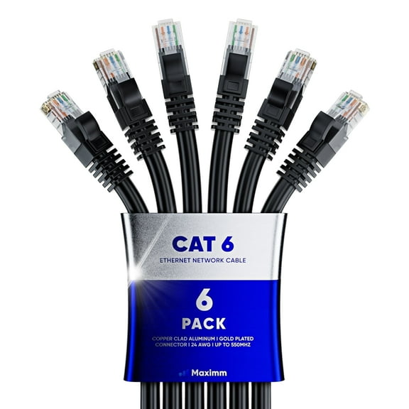 Maximm Cat6 Ethernet Cable 6-Pack 10 ft – CCA LAN Network Patch Cords, RJ45, Black