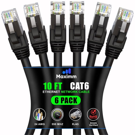 Maximm Cat 6 Ethernet Cable 10 ft (6-Pack) - High-Speed LAN Cable, Internet Cable, Patch Cable, and Network Cable - UTP, 10Gbps, 550MHz Ethernet Cord - Black