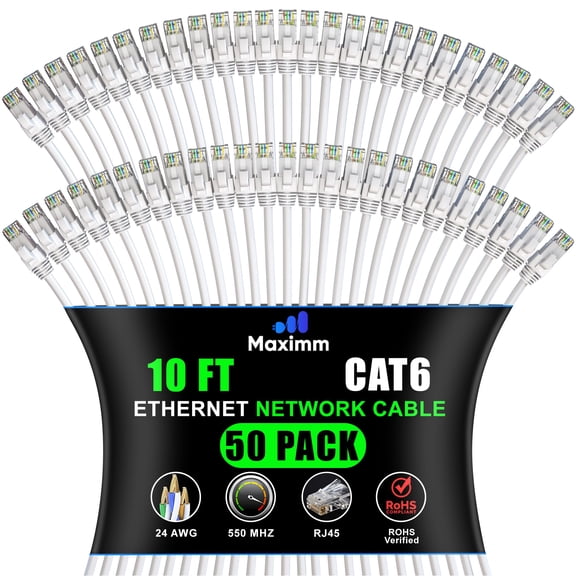 Maximm Cat 6 Ethernet Cable - High-Speed LAN, Internet, Patch & Network Cable - UTP, 10Gbps, 550MHz Ethernet Cord 50-Pack