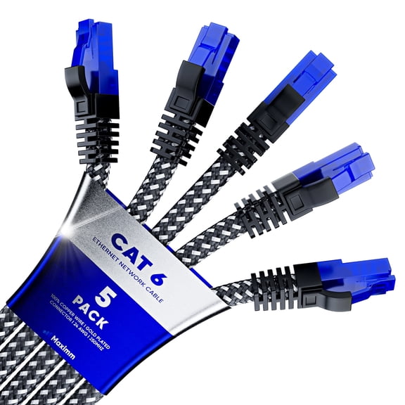 Cat 6 Ethernet Cable 12 ft, Braided Network Cable Cat6 with RJ45 connectors, Gigabit LAN Cable 1000 Mbps High-Speed Internet, Black (5 Packs)