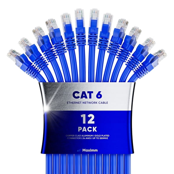Maximm Cat6 Ethernet Cable 12-Pack 15 ft – CCA LAN Network Patch Cords, RJ45, Blue