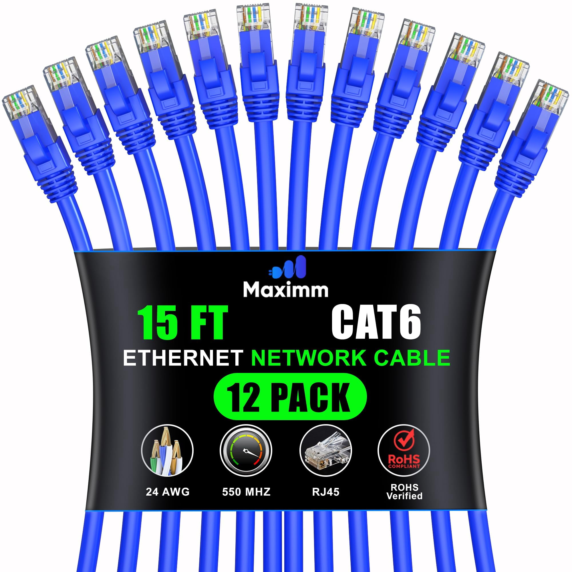 Maximm Cat 6 Ethernet Cable 15 Ft, (12-Pack) Cat6 Cable, LAN Cable, Internet Cable, Patch Cable and Network Cable - UTP (Blue) 15 Feet ethernet Cord