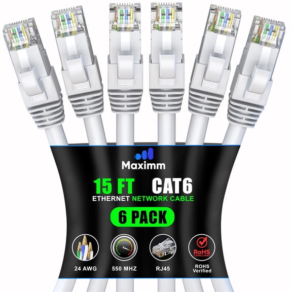 Maximm Cat 6 Ethernet Cable 15 ft (6-Pack) - High-Speed LAN Cable, Internet Cable, Patch Cable, and Network Cable - UTP, 10Gbps, 550MHz Ethernet Cord - White