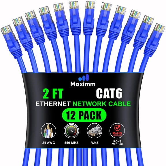 Maximm Cat 6 Ethernet Cable 2 Ft, (12-Pack) Cat6 Cable, LAN Cable, Internet Cable, Patch Cable and Network Cable - UTP (Blue) 2 Feet ethernet Cord