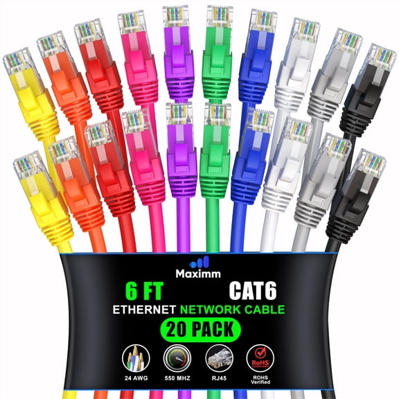 Maximm Cat 6 Ethernet Cable 6 ft (20-Pack) - High-Speed LAN Cable, Internet Cable, Patch Cable, and Network Cable - UTP, 10Gbps, 550MHz Ethernet Cord - Multicolor