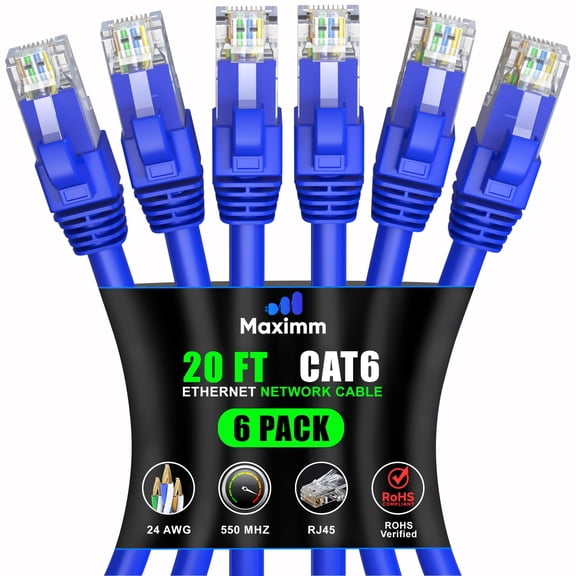 Maximm Cat 6 Ethernet Cable 20 ft (6-Pack) - High-Speed LAN Cable, Internet Cable, Patch Cable, and Network Cable - UTP, 10Gbps, 550MHz Ethernet Cord - Blue