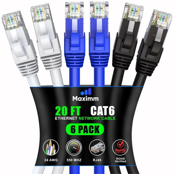 Maximm Cat 6 Ethernet Cable 20 ft (6-Pack) - High-Speed LAN Cable, Internet Cable, Patch Cable, and Network Cable - UTP, 10Gbps, 550MHz Ethernet Cord - Tricolor
