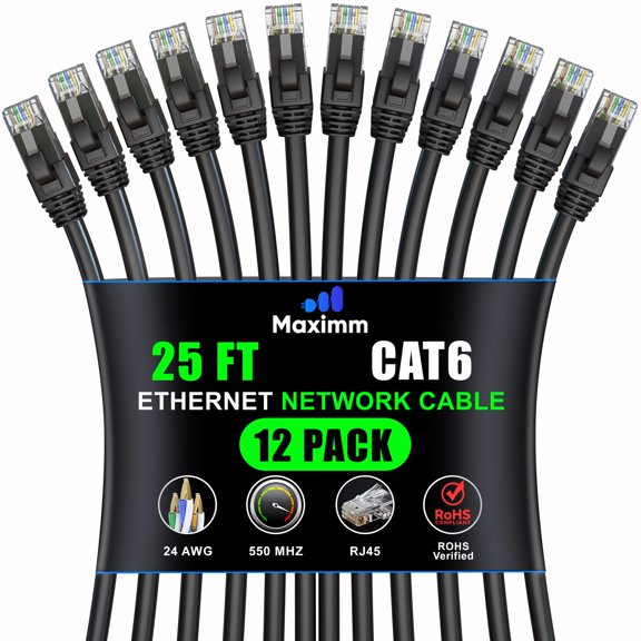 Maximm Cat 6 Ethernet Cable 25 ft (12-Pack) - High-Speed LAN Cable, Internet Cable, Patch Cable, and Network Cable - UTP, 10Gbps, 550MHz Ethernet Cord - Black