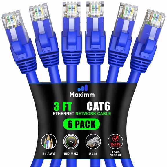 Maximm Cat 6 Ethernet Cable 3 ft (6-Pack) - High-Speed LAN Cable, Internet Cable, Patch Cable, and Network Cable - UTP, 10Gbps, 550MHz Ethernet Cord - Blue