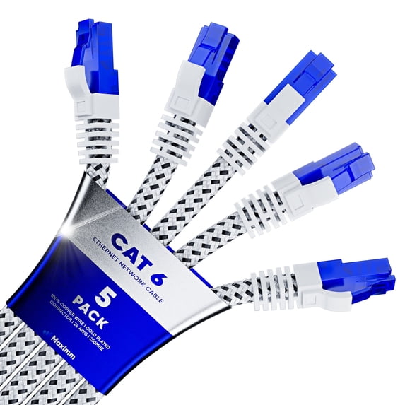 Cat 6 Ethernet Cable 3 ft, Braided Network Cable Cat6 with RJ45 connectors, Gigabit LAN Cable 1000 Mbps High-Speed Internet, White (5 Packs)