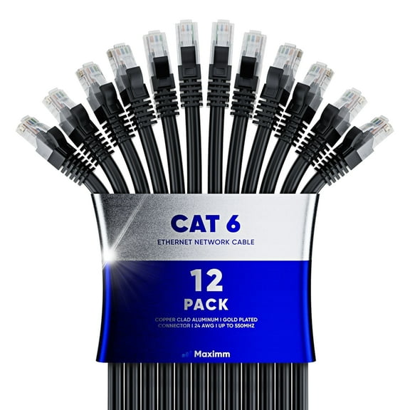 Maximm Cat6 Ethernet Cable 12-Pack 6 ft – CCA LAN Network Patch Cords, RJ45, Black