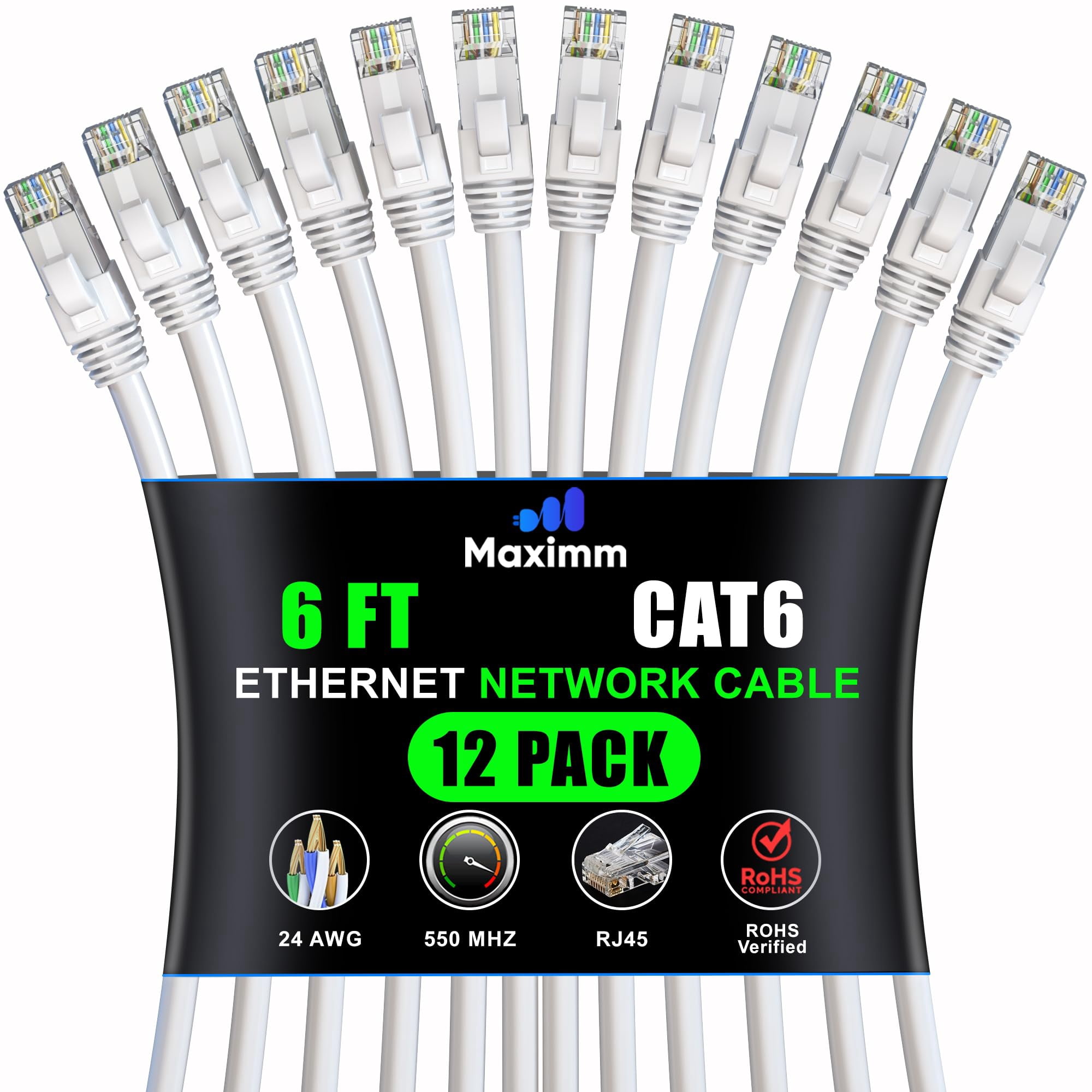 Maximm Cat 6 Ethernet Cable 6 Ft, (12-Pack) Cat6 Cable, LAN Cable, Internet Cable, Patch Cable and Network Cable - UTP (White) 6 Feet ethernet Cord
