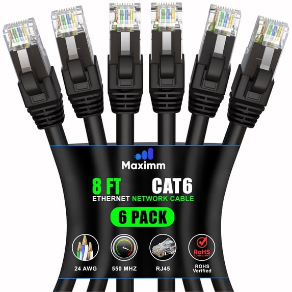 Maximm Cat 6 Ethernet Cable 8 ft (6-Pack) - High-Speed LAN Cable, Internet Cable, Patch Cable, and Network Cable - UTP, 10Gbps, 550MHz Ethernet Cord - Black