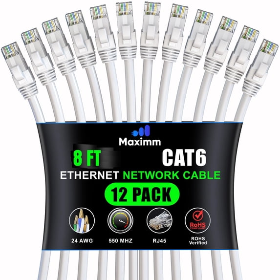 Maximm Cat 6 Ethernet Cable - 8 ft (12-Pack), High-Speed LAN, Internet, Patch, and Network Cable - UTP, 10Gbps, 550MHz - White