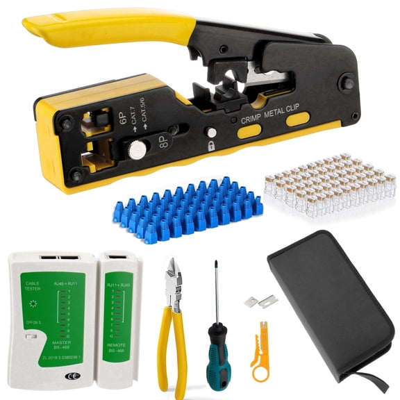 Ethernet Crimping Tool Kit, RJ45 Crimp Tool Kit for Cat7/Cat6A/Cat6/Cat5e/Cat5,  with an Ethernet Crimper, Cable Tester,Boots  Wire Stripper and Cutter in a Cloth Bag