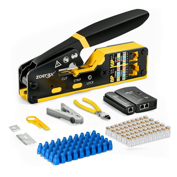 Ethernet Crimping Tool Kit RJ45 Crimp Tools,CAT5 Cat5e Cat6 RJ45 Crimping Tool Kit With Cable Tester, Multiply Stripper, Blades,50Pcs Cat 6 Pass Through Connectors and Strain Relief Boots