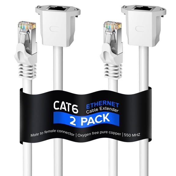 Ethernet Extension Cable, Cat 6 Ethernet Cable Extender, Internet Cable with Shielded RJ45 Male-to-Female Connector, LAN Cable Extension for Patch Networks, White (5 Feet, 2 Pack)
