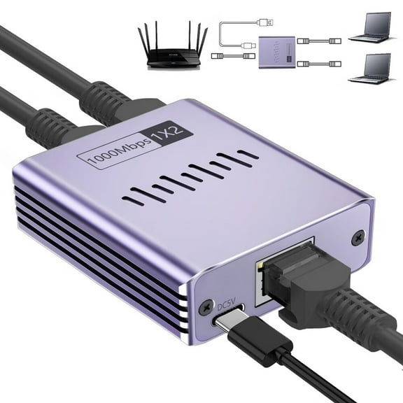 Ethernet Splitter 1 to 2 1000Mbps,Internet Splitter High Speed RJ45 Port LAN Splitter for Cat 5/5e/6/7/8 Cable,Ethernet Router Switch for PC/Laptop/TV (2 Devices Networked Simultaneously)