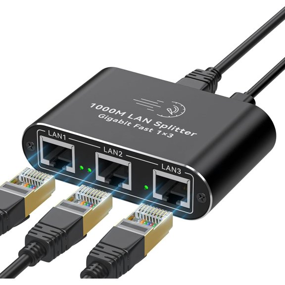 Ethernet Splitter 1 to 3 Mini 1000Mbps Gigabit Internet Switch 1 in 3 Out LAN and RJ45 Port Splitter High Speed Network Adapter for 5/5e/6/7/8 with USB c Power Cable