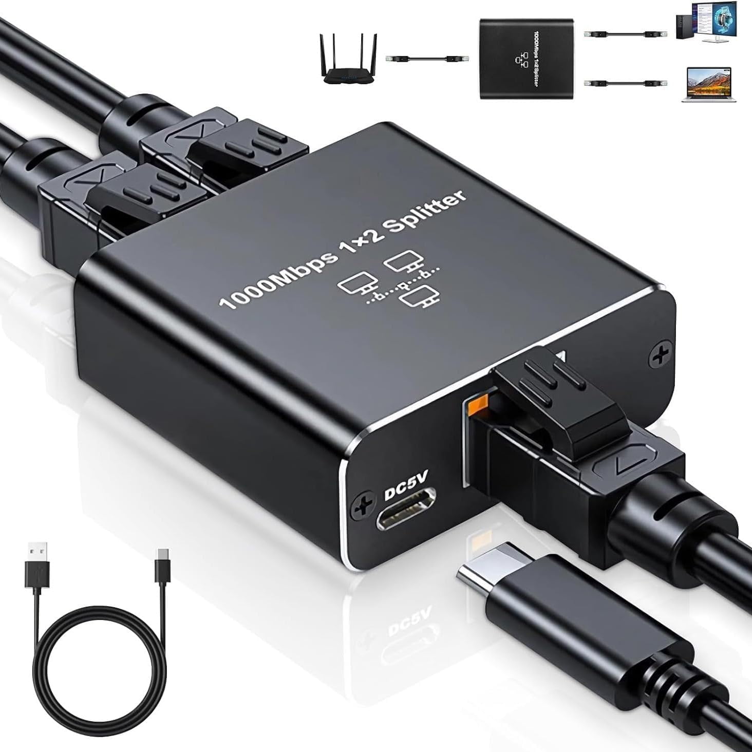 Ethernet Splitter, 1000Mbps High Speed Ethernet Splitter 1 to 2, RJ45 Internet Splitter with USB Power Cable, Network LAN Adapter for Cat 5/6/7/8 Cable [2 Devices Simultaneous Networking]