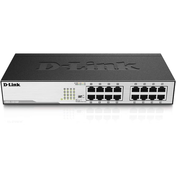 Ethernet Switch, 16 Port Gigabit Unmanaged Fanless Network Hub Desktop or Rack Mountable (DGS-1016D)