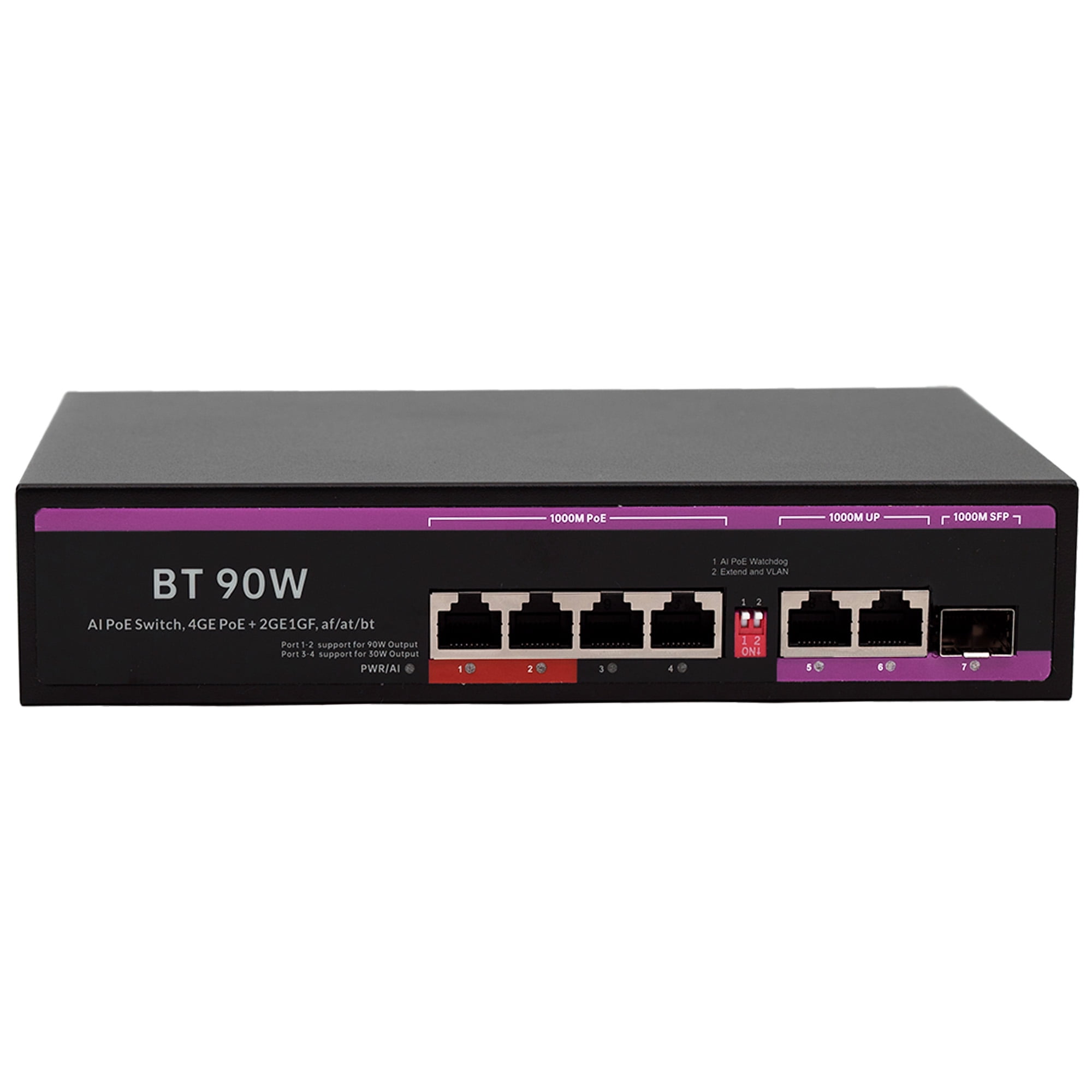 Ethernet Switch 4 Port Managed Gigabit PoE+ Switch with 3 Uplink Ports(2RJ45+1SFP), 2 Ports 90W PoE BT, VLAN Isolation, 6KV Surge Protection, Metal Case for Home Security & Office