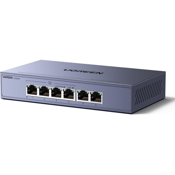 Ethernet Switch, 6 Port PoE Switch, 4 PoE+@60W and 2 Gigabit Uplink, Plug & Play, Auto/VLAN/Extend Mode, Sturdy Metal, Desktop or Wall Mount Network Splitter Hub for Security Camera, IP Phone