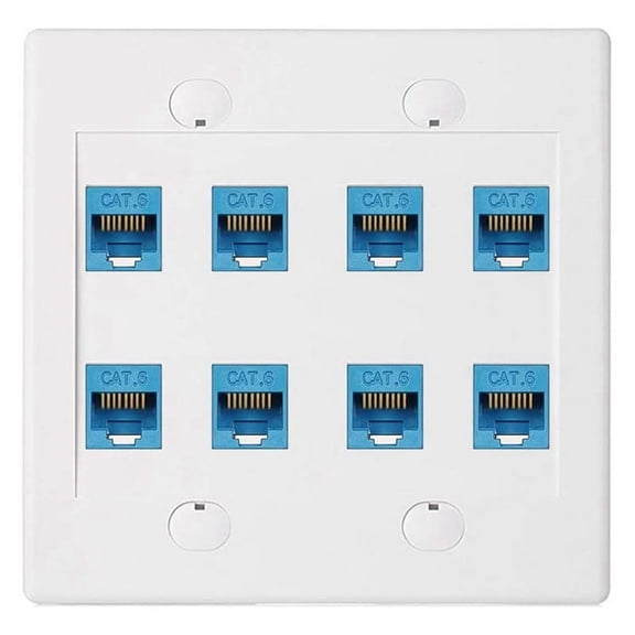 Ethernet Wall Plate 8 Port - Double Cat6 RJ45 Blue
