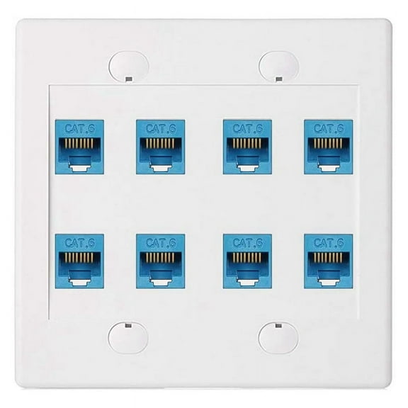 Ethernet Wall Plate 8 Port - Double Gang Cat6 RJ45 Jack Network Cable Faceplate Female to Female - Blue