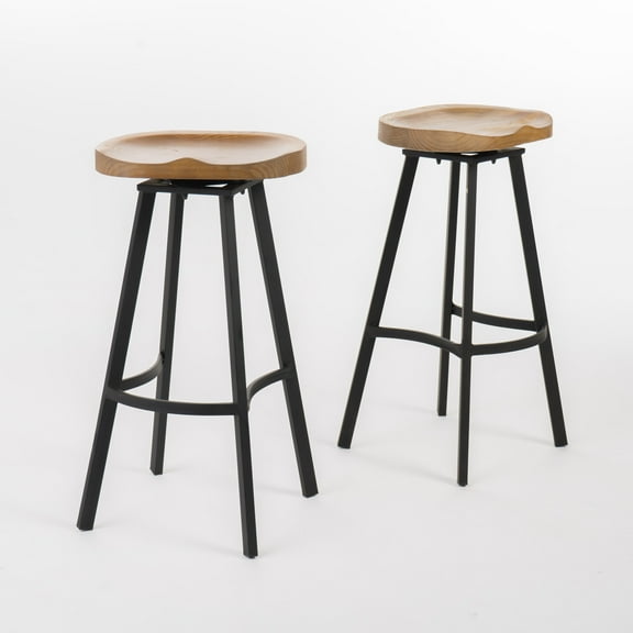 Ethet Wood Swivel Barstool, Set of 2, Industrial Wood & Black