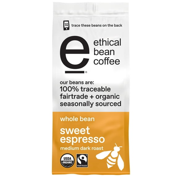 Ethical Bean Sweet Espresso Medium Dark Roast Fairtrade Organic Whole Bean Coffee, 12 oz Bag