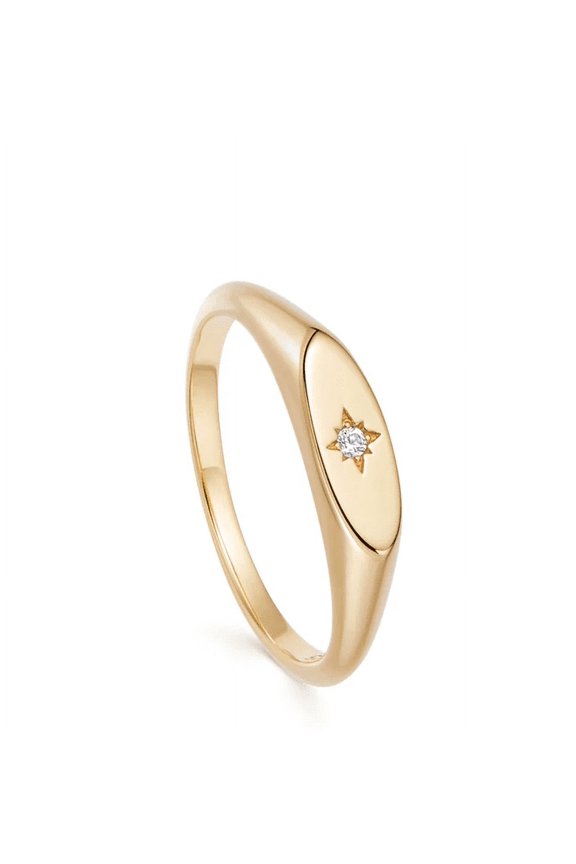Ethical Brilliant Cut 1 CT Celestial Orbit Signet Ring Comfort Fit Solid Gold with Central Star-Set Sapphire Ring